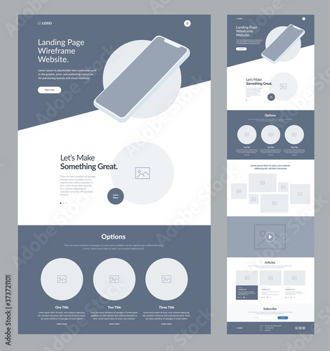 Landing page wireframe design for business. One page site layout template. Modern responsive design. UX UI website: home, advantages, about, options, gallery, video, articles and subscribe.