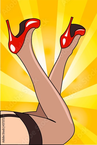 Creative retro vintage fashion conceptual vector illustration. Pin up woman legs hips wearing stockings and high heels.