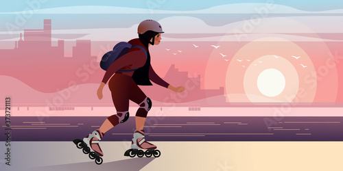 Girl with a backpack is rollerblading along the city embankment. Flat graphic vector illustration.