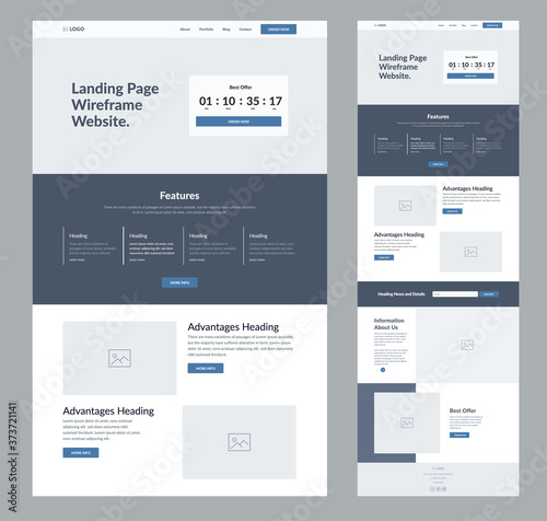 Website landing page wireframe design for business. One page site layout template. Modern flat UX/UI site development. Responsive cool website design concept.