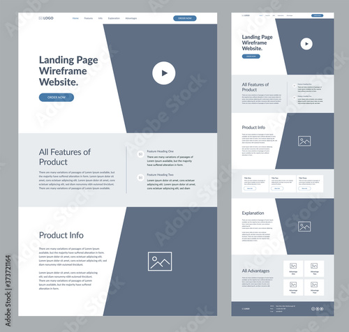 Website landing page wireframe design for business. One page site layout template. Modern flat UX/UI site development. Responsive cool website design concept.