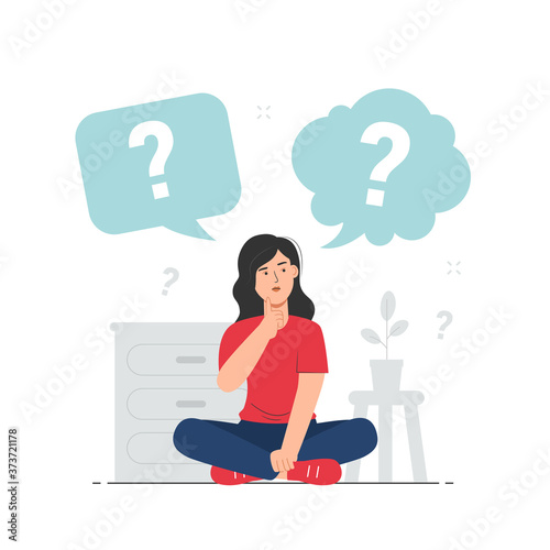 Thinking girl with speech bubbles and question mark. Doubts, problem, curious, confused. Questions concept illustration