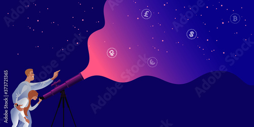 Financial adviser and analyst help predict the future of the economy. Metaphor virtual e-currency flat vector illustration.