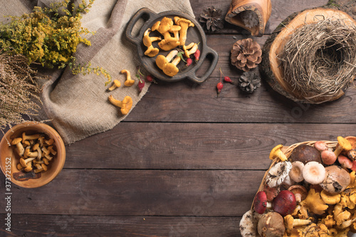 Autumn harvest of mushrooms on vintage rustic wooden background. Rustic kitchen table. Flat lay top, top view . Layout with free text space. Forest harvest concept.