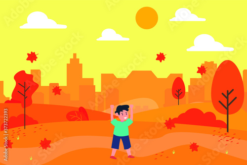 Childhood vector concept: Happy boy playing at the park during autumn