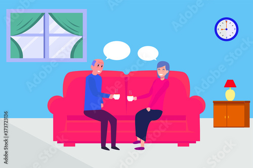 Fototapeta Naklejka Na Ścianę i Meble -  Elderly romance vector concept: old couple chatting romantically and joyfully while drinking their cups of coffee