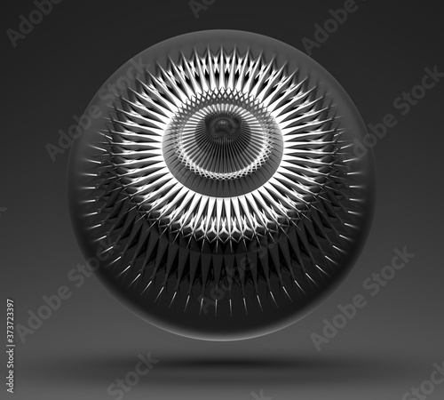 3d render with abstract black and white monochrome surreal industrial 3d ball with turbine jet engine detail in fractal pattern in matte aluminum metal on dark grey background