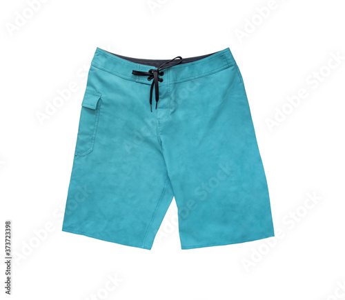 Blue knee length boardshorts. Beach clothes for swimming and surfing isolated on white background