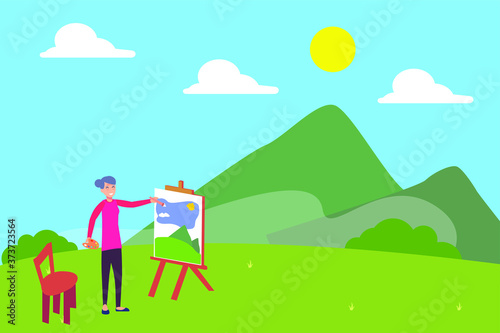 Happy lifestyle vector concept: old woman painting the landscape of hills and mountain happily