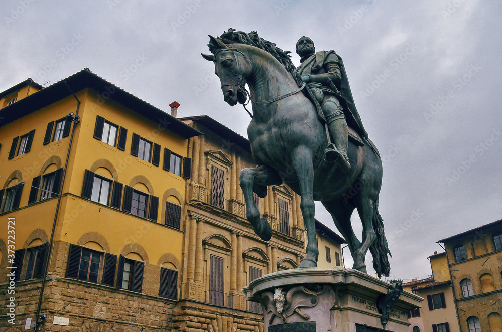 Cosme of Medici equestrian statue in city square in Florence