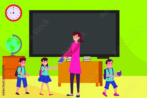 Elementary school vector concept: female teacher giving books to her elementary students happily in the classroom