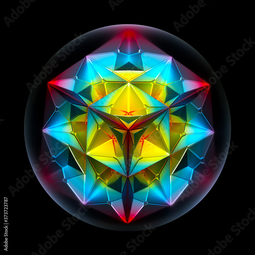 3d render of abstract art 3d ball with surreal fractal technology industrial alien cyber cube inside in matte metal in blue purple and yellow gradient color on black background