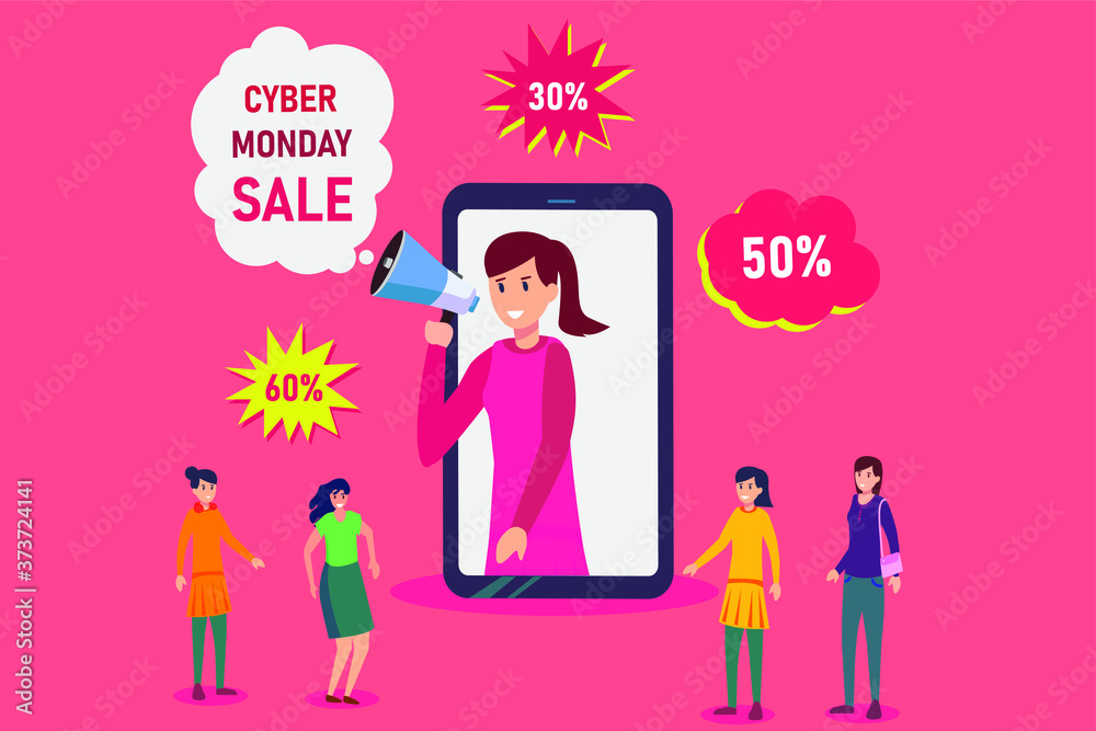 Obraz premium Cyber Monday online sale vector concept: portrait of woman announcing Cyber Monday sale to the female crowd from the big mobile phone screen