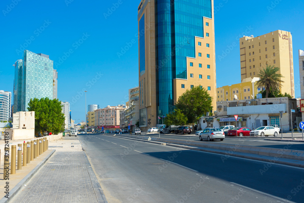 Street view and traffic jams in Doha, Qatar.