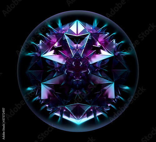 3d render of abstract art of surreal 3d glass ball with fractal technology industrial futuristic cyber crystal detail mechanism inside in transformation process in purple and violet plastic material  © Philipp