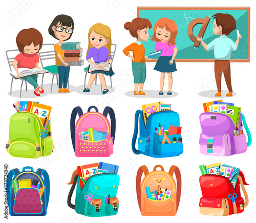 School club, pupil standing near chalkboard with ruler, classmates reading book. People educating, educational lesson, backpack sticker, children vector