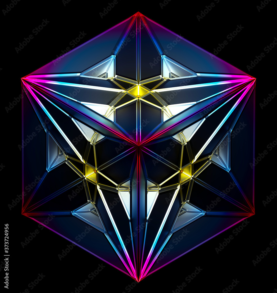 3d render of abstract art of surreal cyber fractal symmetry cube based on triangle geometry pattern in matte aluminum metal material in purple blue and yellow gradient color on black background