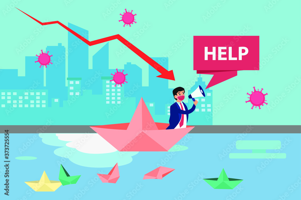 Business recession vector concept: businessman wearing face mask and shouting for help while riding a paper boat on a flooded stream