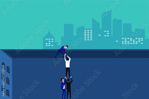Business teamwork vector concept: businessman helping his colleagues climbing the top of a building