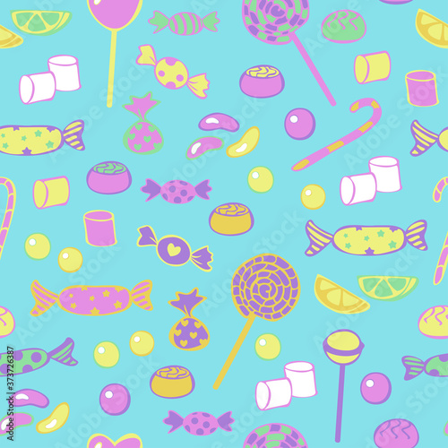 Vector seamless pattern of different candies in bright colors on a vivid blue background. Design concept for sweets shop.