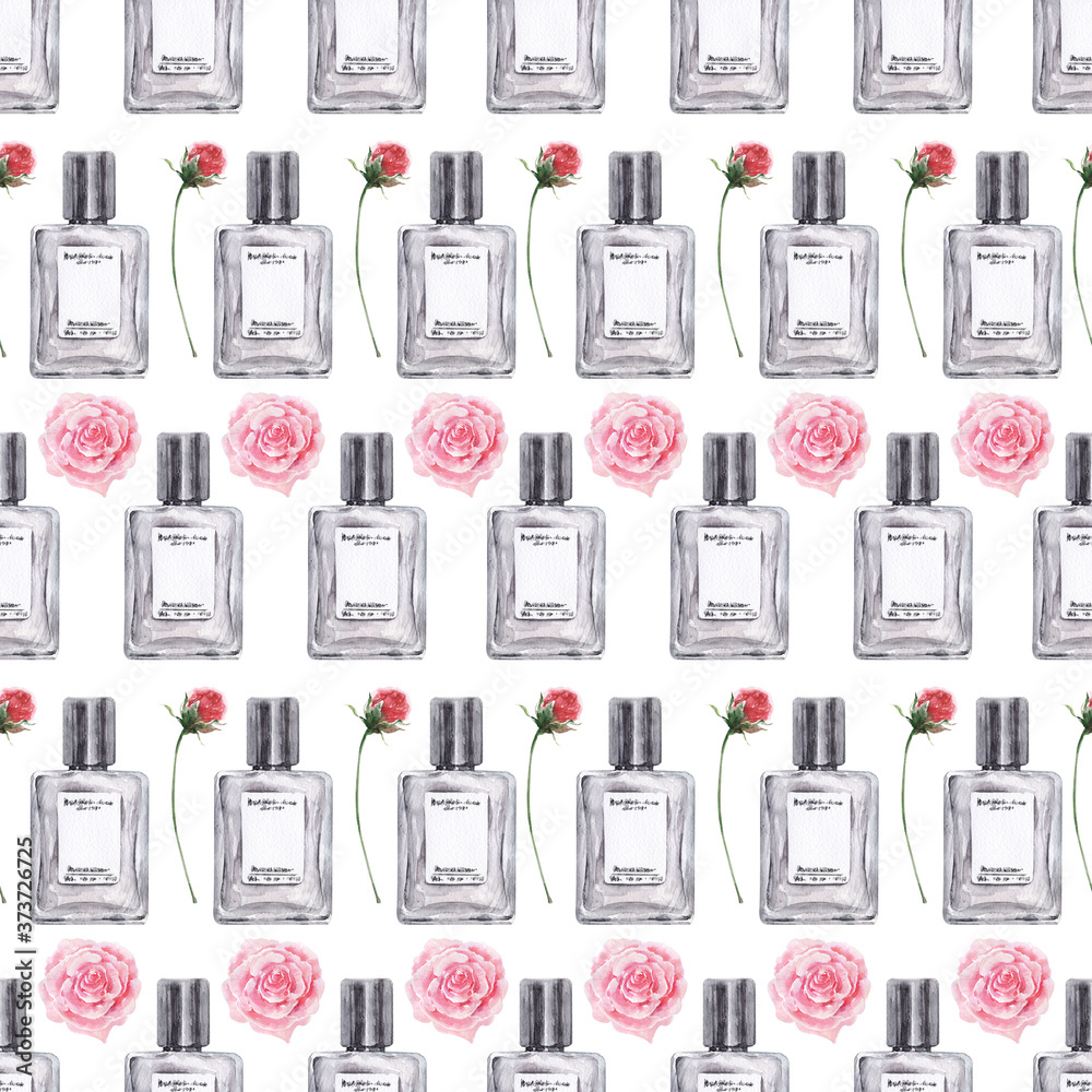 Watercolor seamless pattern with various vials and aromatic plants