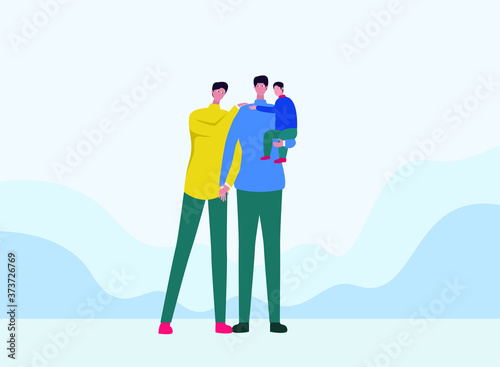 Gay fathers vector concept: gay couple hugging each other and holding their adopted child