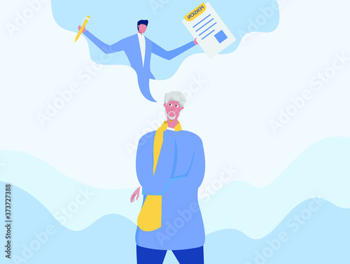 Retirement plan vector concept: portrait of old man wearing scarf while thinking of pension fund