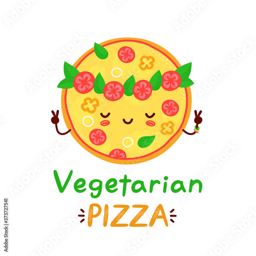 Cute happy meditating vegetarian pizza