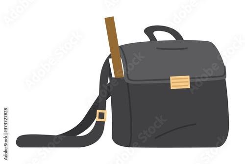 Illustration of black school bag with ruler on white background. Kids or tachers handbag with education equipment. Education and study back to school, schoolbag luggage in cartoon vector style