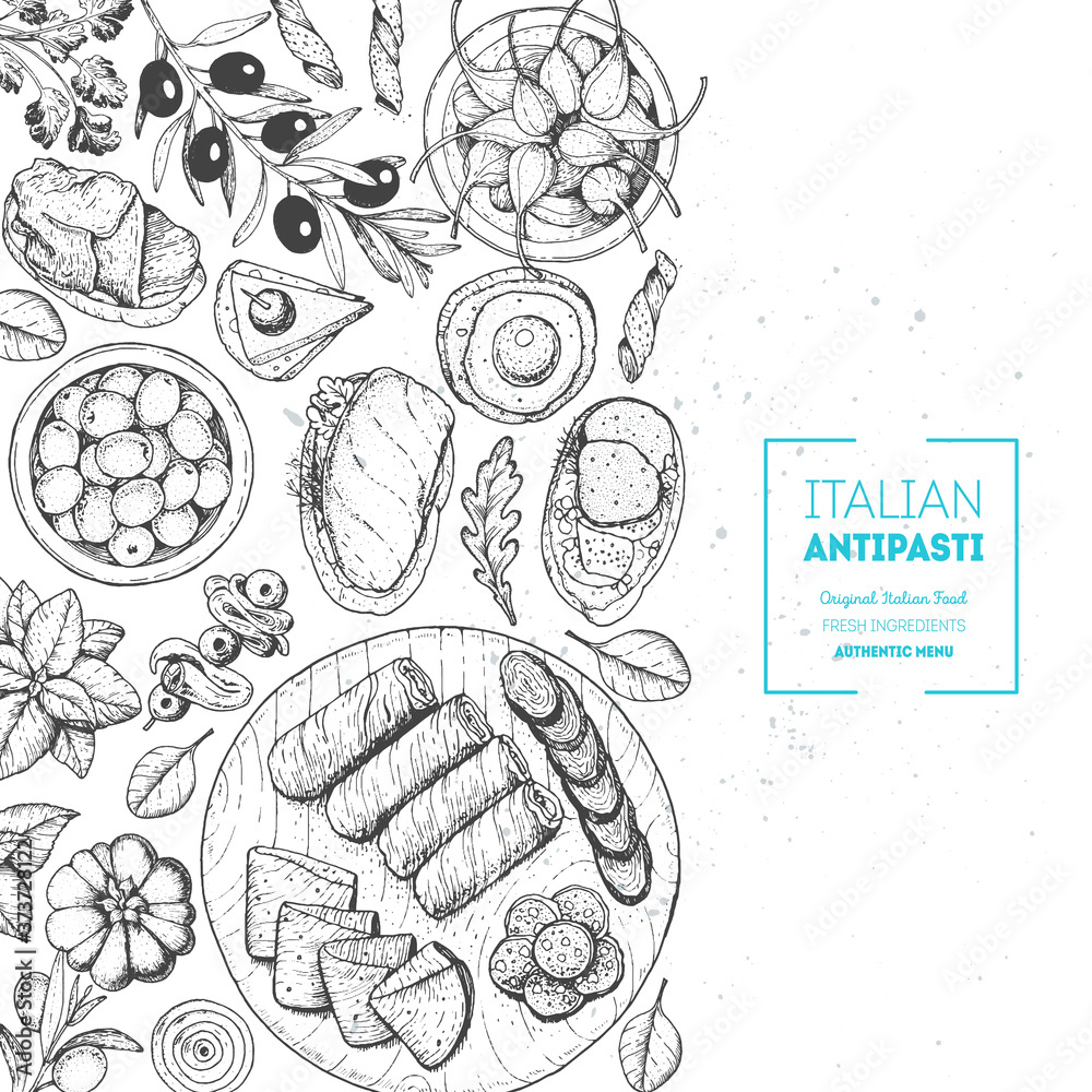 Italian food top view poster. A set of Italian Antipasti. Food menu design template. Vintage hand drawn sketch vector illustration. Engraved image