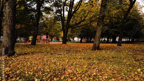 Beautiful and golden park of Kronvalda in Riga, Latvia. The season of autumn, people walking in distance. photo