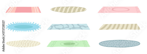 A set of floor mats of different shapes, colors. Floor covering, decorating the interior, a cozy home. Carpet, rug with fringed on the edge, home decoration. Vector illustration isolated on white photo