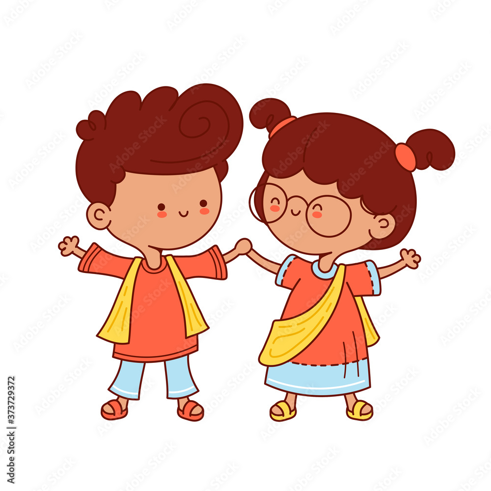 Cute indian kids character. Vector flat line Cute indian kids character. Vector flat line
