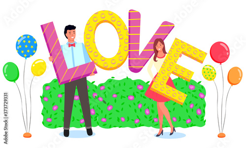 People posing in photozone vector, couple holding inflatable balloon letters saying love. Man and woman outside photoshoot of pair. Boyfriend and girlfriend in relationship, romantic photograph