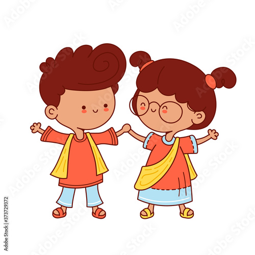 Cute indian kids character. Vector flat line