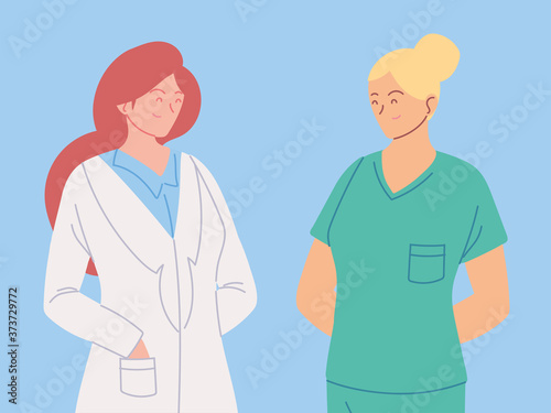 portrait of healthcare workers, female doctor and nurse