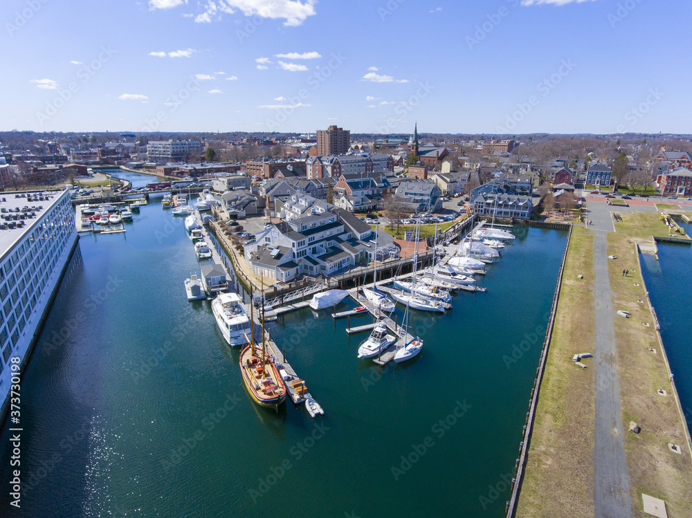 Aerial view of Salem historic city center and Pickering Wharf Marina in city of Salem, Massachusetts MA, USA. 