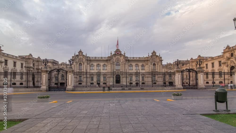 Palacio de Gobierno or The Government Palace also known as House of Pizarro timelapse hyperlapse on plaza mayor. It is the seat of the executive branch of the Peruvian Government and the official