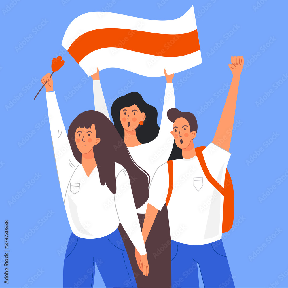 An image of protesters in Belarus after the 2020 presidential elections. Freedom for Belarus. Women are holding a white-red-white flag and scarlet flowers. Vector illustration isolated on background. An image of protesters in Belarus after the 2020 presidential elections. Freedom for Belarus. Women are holding a white-red-white flag and scarlet flowers. Vector illustration isolated on background.