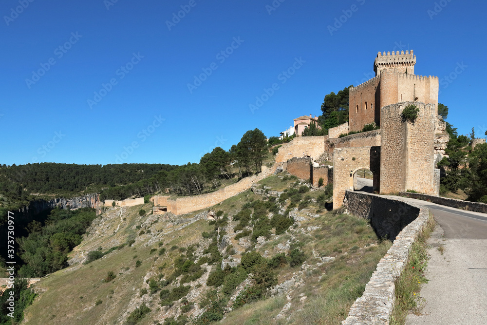 Alarcon, a fortified small town in the province of Cuenca, Castilia-La Mancha, Spain, in morning sunlight 
