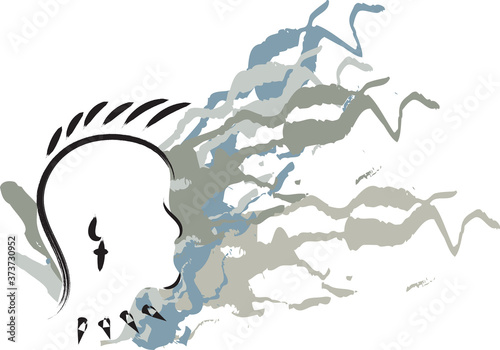 stylized profile of a face with punk haircut, earring and collar isolated on background with color brush strokes