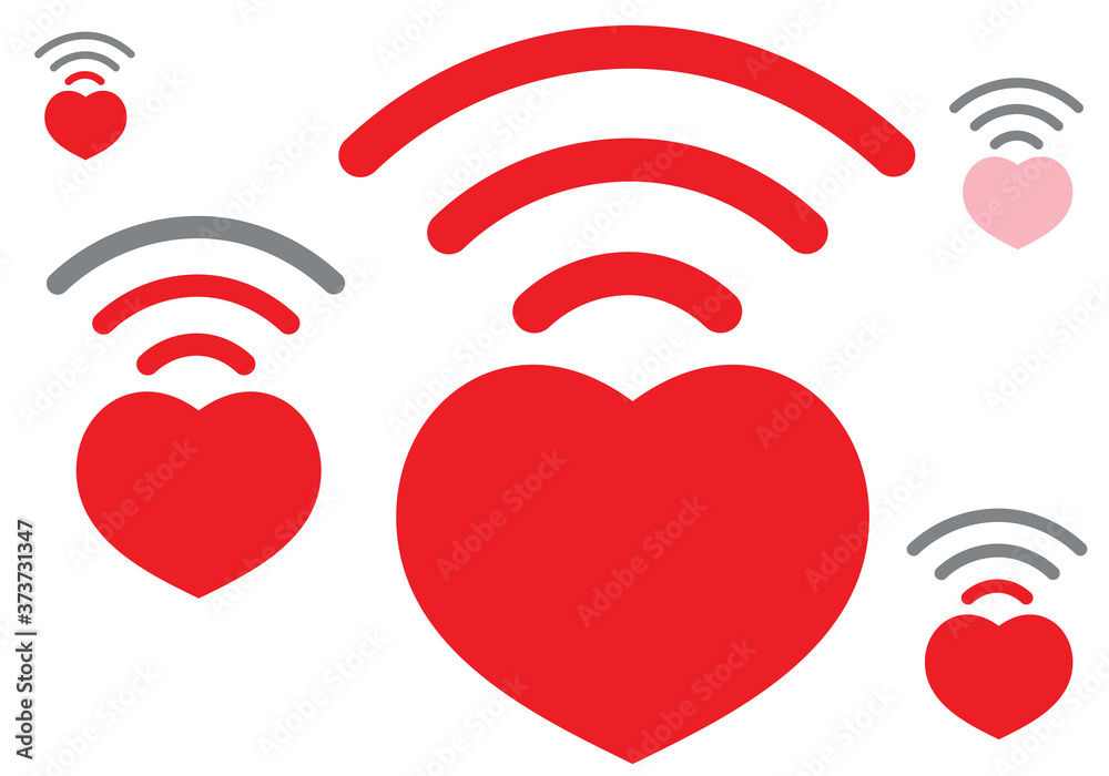set of heart shaped icons with wi fi signal isolated on white background, concept of dating app and digital connection set of heart shaped icons with wi fi signal isolated on white background, concept of dating app and digital connection