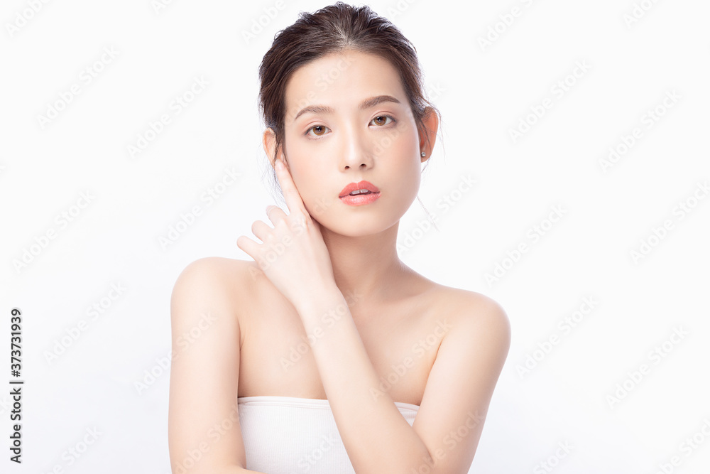 Portrait beautiful young asian woman clean fresh bare skin concept. Asian girl beauty face skincare and health wellness, Facial treatment, Perfect skin, Natural make up. Isolated on white background. Portrait beautiful young asian woman clean fresh bare skin concept. Asian girl beauty face skincare and health wellness, Facial treatment, Perfect skin, Natural make up. Isolated on white background.