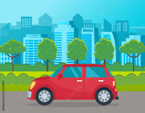 Fototapeta Naklejka Na Ścianę i Meble -  Red small car, electric motor, eco friendly transport. Green city park, trees, bushes, houses and buildings on the background. Car sharing, economy and ecology. Flat vector cartoon illustration