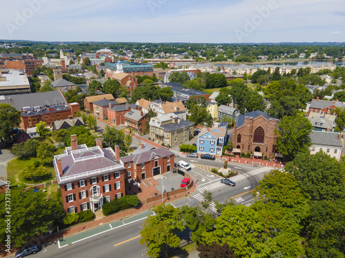 Aerial view of Salem historic city center including Salem Witch Museum in city of Salem, Massachusetts MA, USA. 