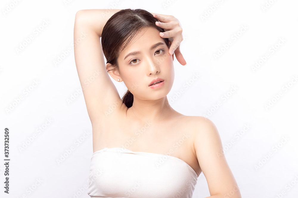 Portrait beautiful young asian woman clean fresh bare skin concept. Asian girl beauty face skincare and health wellness, Facial treatment, Perfect skin, Natural make up. Isolated on white background. Portrait beautiful young asian woman clean fresh bare skin concept. Asian girl beauty face skincare and health wellness, Facial treatment, Perfect skin, Natural make up. Isolated on white background.