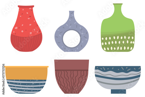 Set of striped vase isolated on white. Crockery decorative jar with waves ornament, color pot in flat style design, ceramic flowerpot. Handmade items from clay. Vase for flowers. Vector illustration