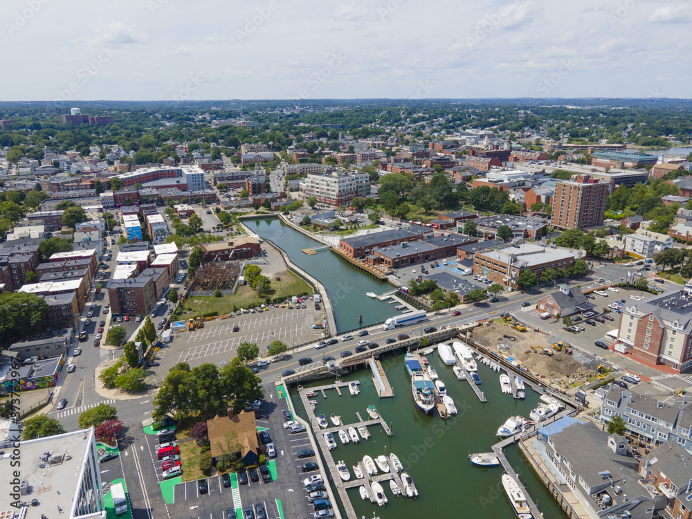 Aerial view of Salem historic city center and Salem Harbor in City of Salem, Massachusetts MA, USA. 