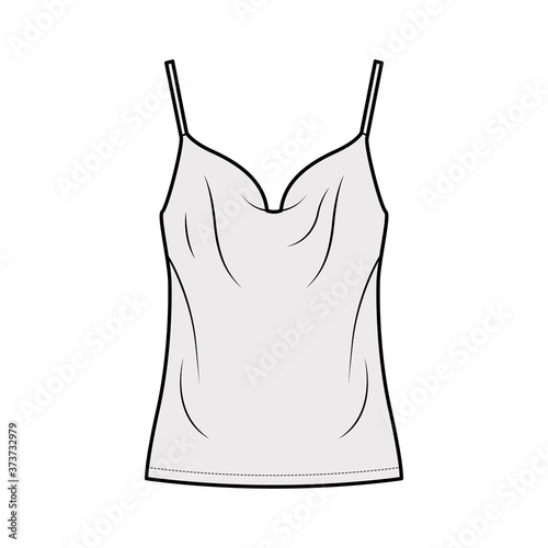 Camisole technical fashion illustration with vintage-inspired cowl neckline, relaxed fit, tunic length. Flat outwear tank apparel template front, grey color. Women, men unisex shirt top CAD mockup