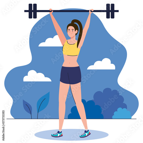 young woman doing exercises with weight bar outdoor, sport recreation exercise vector illustration design